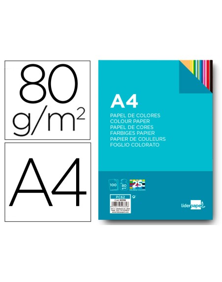 Papel color liderpapel a4 80gr 25 colores surtidos paquete de 100 hojas