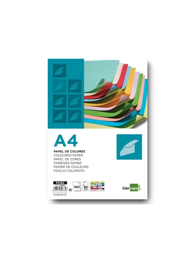 Papel color liderpapel a4 80gr 25 colores surtidos paquete de 100 hojas