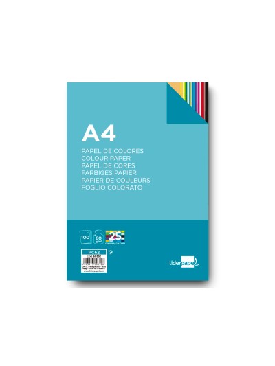 Papel color liderpapel a4 80gr 25 colores surtidos paquete de 100 hojas