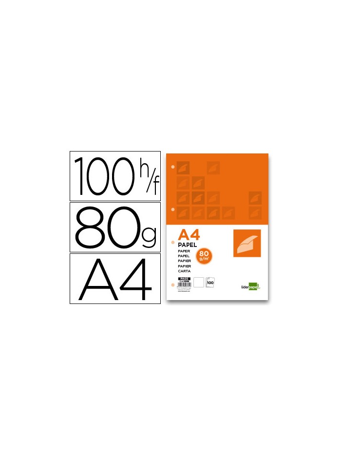 Papel liderpapel a4 80g/m2 liso 4 taladros paquete de 100 hojas