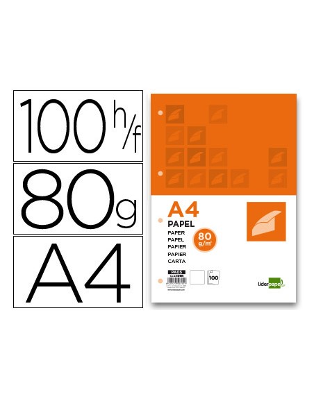 Papel liderpapel a4 80g/m2 liso 4 taladros paquete de 100 hojas