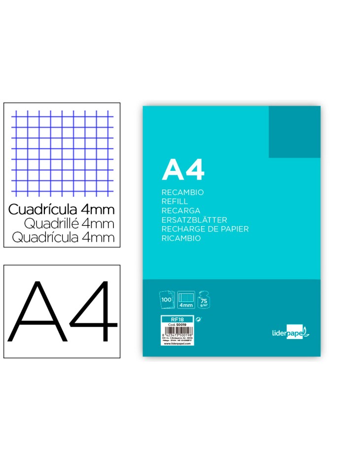 Recambio liderpapel a4 100 hojas 75g/m2 cuadro 4mm con margen 4 taladros