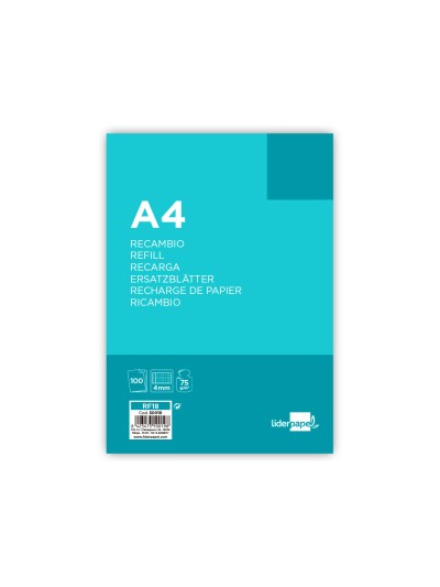 Recambio liderpapel a4 100 hojas 75g/m2 cuadro 4mm con margen 4 taladros