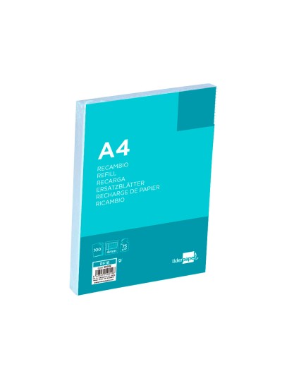 Recambio liderpapel a4 100 hojas 75g/m2 cuadro 4mm con margen 4 taladros