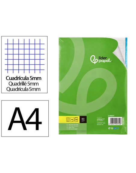 Recambio liderpapel a4 120 hojas 80g/m2 cuadro 5mm sin margen 4 taladros bandas de 5 colores