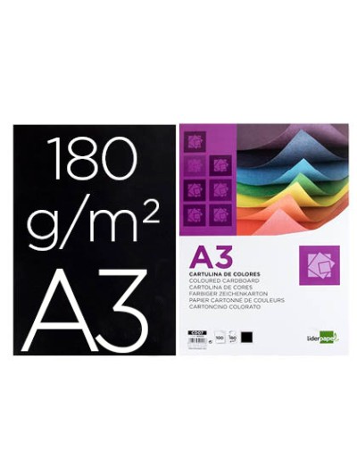 Cartulina liderpapel a3 180g/m2 negro paquete de 100 hojas