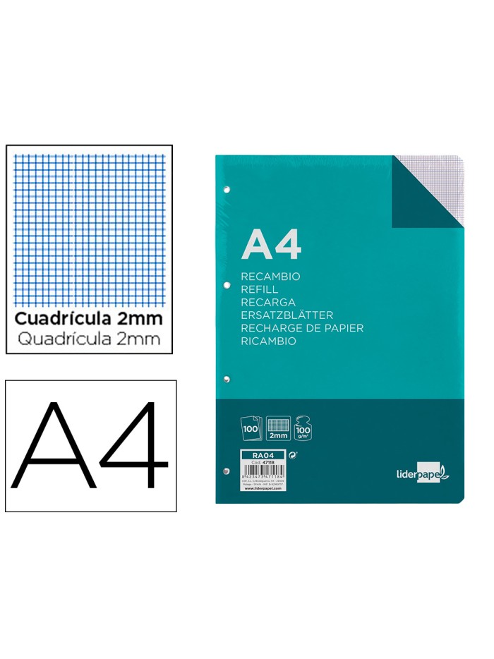 Recambio liderpapel a4 100 hojas 100g/m2 cuadro 2mm con margen 4 taladros Recambio liderpapel a4 100 hojas 100g/m2 cuadro 2mm con margen 4 taladros
