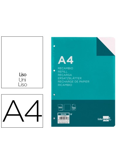 Recambio liderpapel a4 100 hojas 100g/m2 liso sin margen 4 taladros