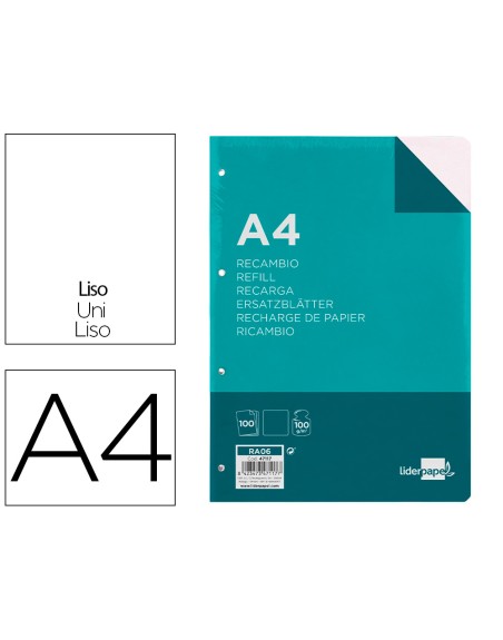 Recambio liderpapel a4 100 hojas 100g/m2 liso sin margen 4 taladros