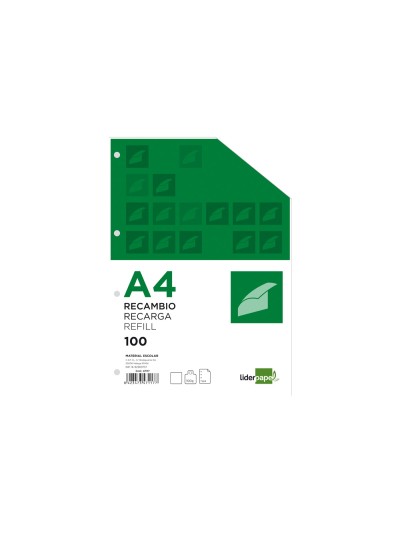 Recambio liderpapel a4 100 hojas 100g/m2 liso sin margen 4 taladros