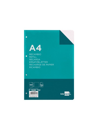 Recambio liderpapel a4 100 hojas 100g/m2 liso sin margen 4 taladros