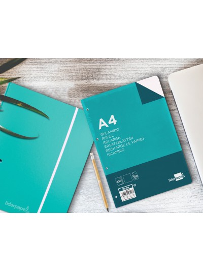 Recambio liderpapel a4 100 hojas 100g/m2 liso sin margen 4 taladros