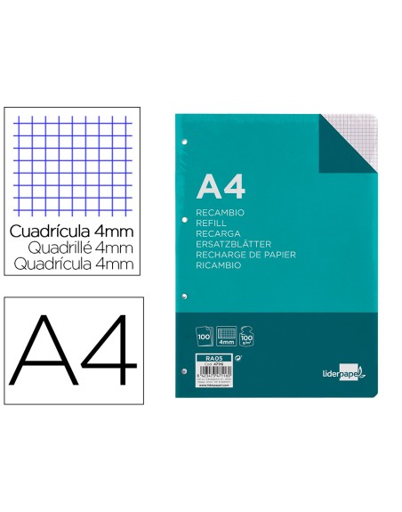 Recambio liderpapel a4 100 hojas 100g/m2 cuadro 4mm con margen 4 taladros