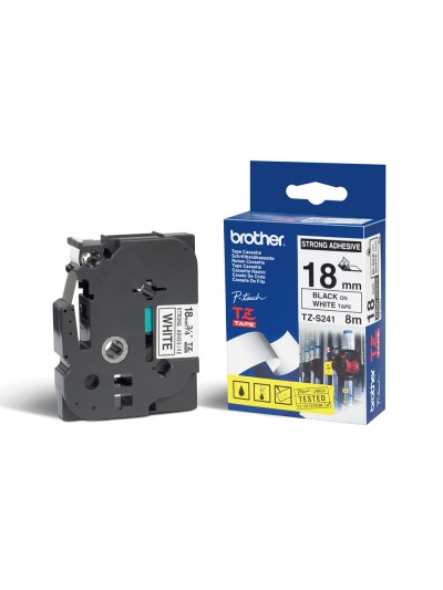 Cinta brother tzes241 blanco-negro 18mm longitud 8 mt superadhesiva