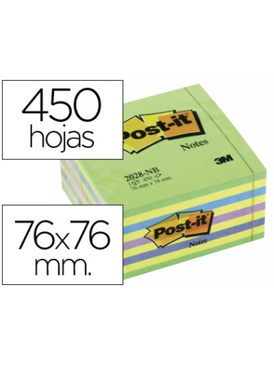 Bloc de notas adhesivas quita y pon post-it 76x76 mm cubo color azul y verde 450 hojas