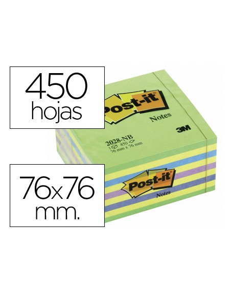 Bloc de notas adhesivas quita y pon post-it 76x76 mm cubo color azul y verde 450 hojas