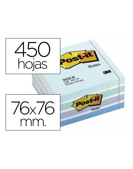 Bloc de notas adhesivas quita y pon post-it 76x76 mm cubo color azul pastel 450 hojas