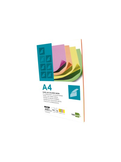 Papel color liderpapel a4 75gr neon 4 colores surtidos paquete de 100 hojas