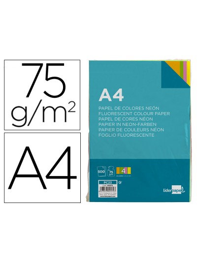 Papel color liderpapel a4 75gr neon 4 colores surtidos paquete de 500 hojas