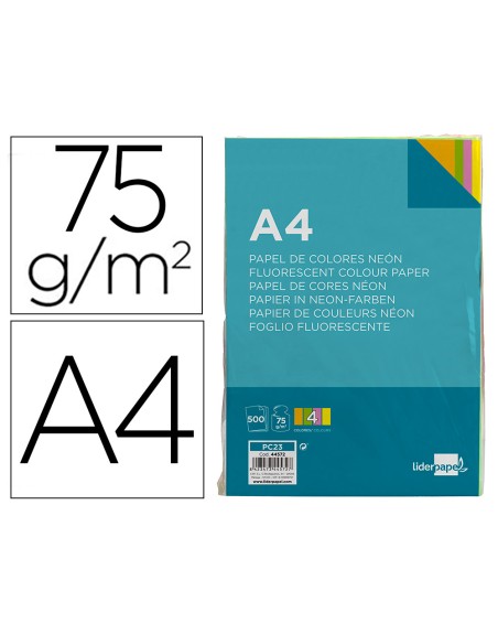 Papel color liderpapel a4 75gr neon 4 colores surtidos paquete de 500 hojas