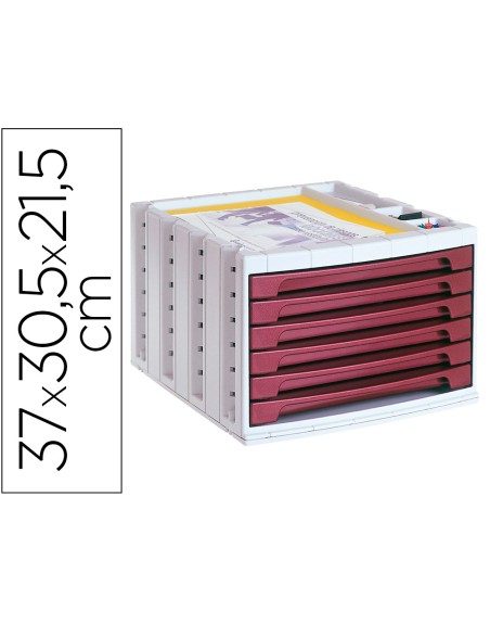 Fichero cajones de sobremesa archivo 2000 305x370x215 mm bandeja organizadora superior 6 cajones burdeos opaco
