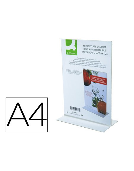 Expositor sobremesa q-connect con forma de t metacrilato tamaño a4 a dos caras