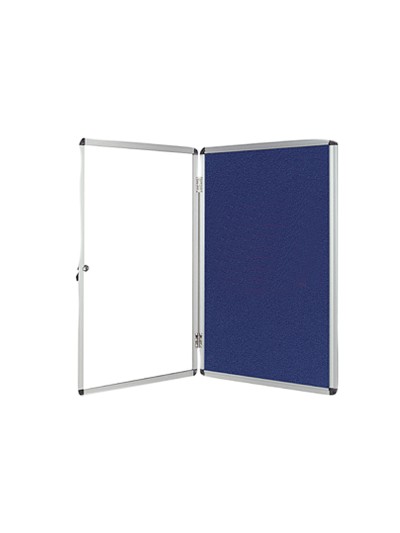 Vitrina de anuncios q-connect mural pequeña fieltro azul con puerta y marco con cerradura 72x98 cm