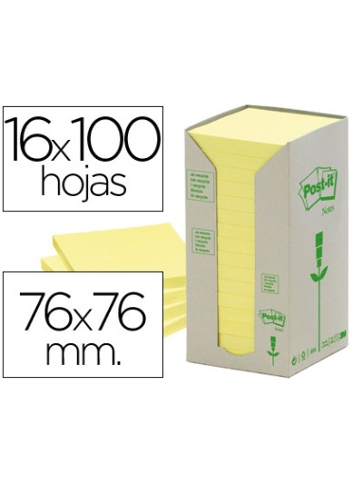 Bloc de notas adhesivas quita y pon reciclada en torre post-it 76 x 76 mm 16 blocs 654 reciclado