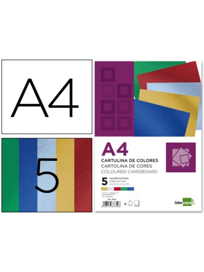 Cartulina liderpapel a4 235 g/m2 metalizada 5 colores surtidos paquete de 50 hojas