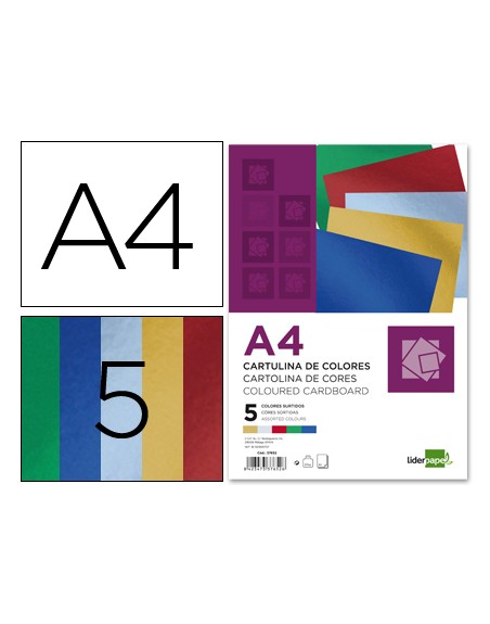 Cartulina liderpapel a4 235 g/m2 metalizada 5 colores surtidos paquete de 50 hojas