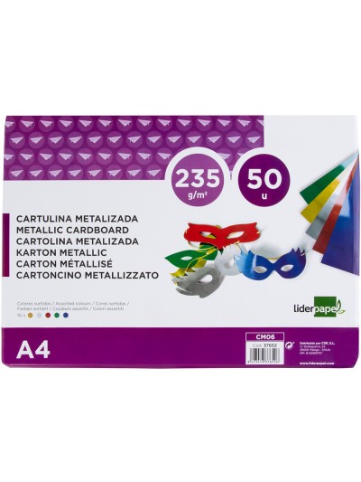 Cartulina liderpapel a4 235 g/m2 metalizada 5 colores surtidos paquete de 50 hojas