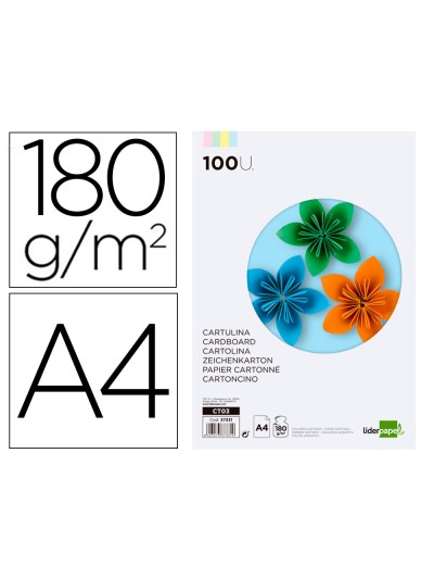 Cartulina liderpapel a4 180g/m2 4 colores surtidos paquete de 100 hojas