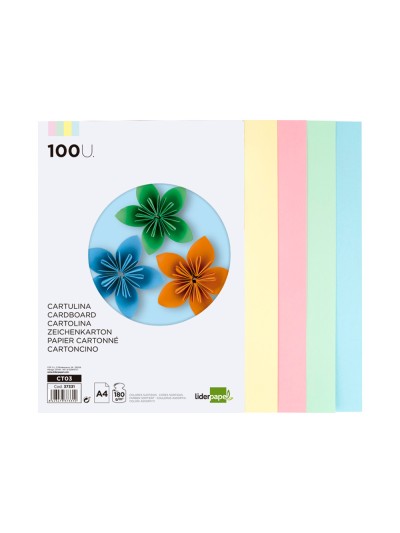 Cartulina liderpapel a4 180g/m2 4 colores surtidos paquete de 100 hojas