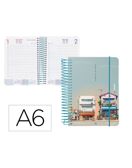 Agenda espiral liderpapel santorini a6 2025 dia pagina street view papel 60 gr