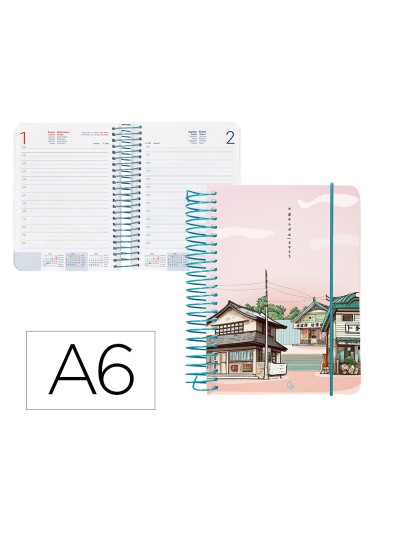 Agenda espiral liderpapel santorini a6 2025 dia pagina atardecer rosa papel 60 gr