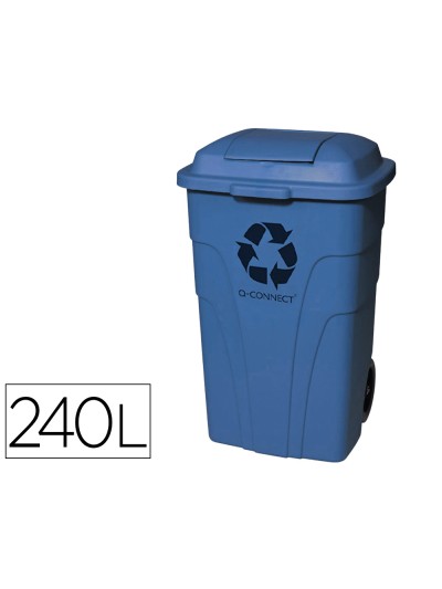 Papelera contenedor q-connect plastico con tapadera 240l color azul 1040x620x610 mm con ruedas