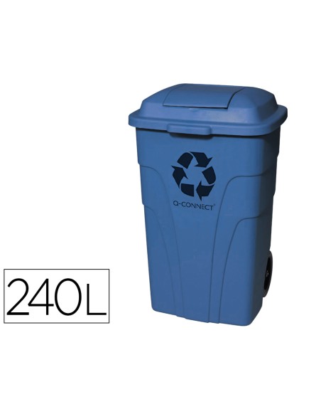 Papelera contenedor q-connect plastico con tapadera 240l color azul 1040x620x610 mm con ruedas