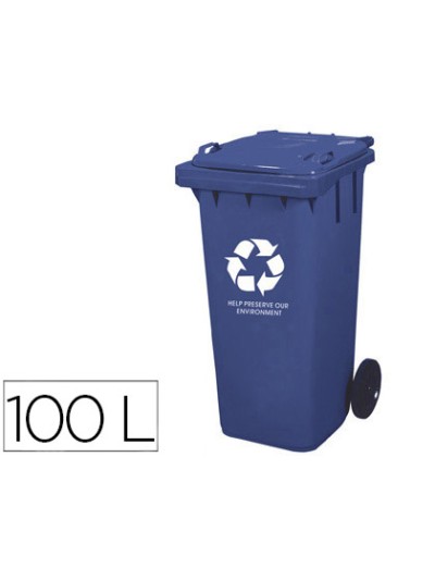 Papelera contenedor q-connect plastico con tapadera 100l color azul 800x510x525 mm con ruedas