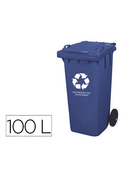 Papelera contenedor q-connect plastico con tapadera 100l color azul 800x510x525 mm con ruedas