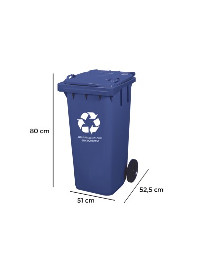 Papelera contenedor q-connect plastico con tapadera 100l color azul 800x510x525 mm con ruedas