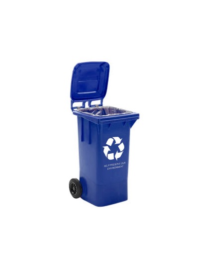 Papelera contenedor q-connect plastico con tapadera 100l color azul 800x510x525 mm con ruedas