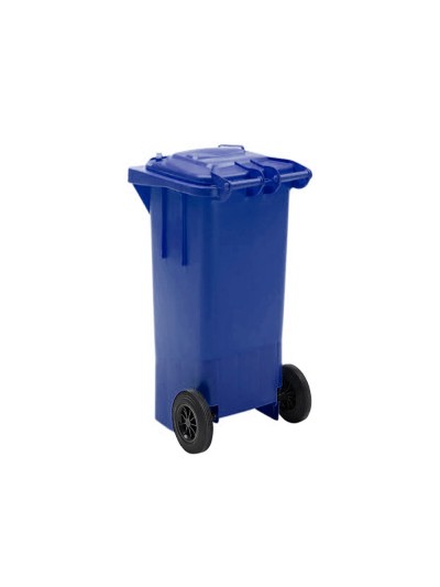 Papelera contenedor q-connect plastico con tapadera 100l color azul 800x510x525 mm con ruedas