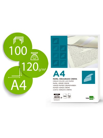 Papel verjurado liderpapel a4 120g/m2 crema paquete de 100 hojas