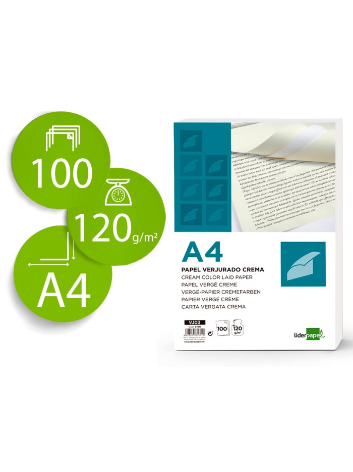 Papel verjurado liderpapel a4 120g/m2 crema paquete de 100 hojas Papel verjurado liderpapel a4 120g/m2 crema paquete de 100 hojas