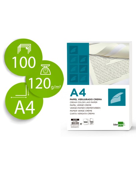 Papel verjurado liderpapel a4 120g/m2 crema paquete de 100 hojas