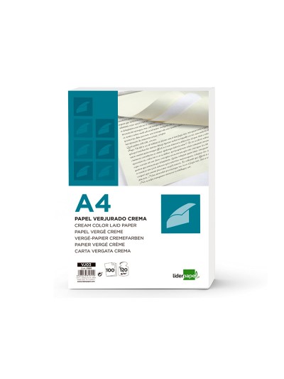 Papel verjurado liderpapel a4 120g/m2 crema paquete de 100 hojas