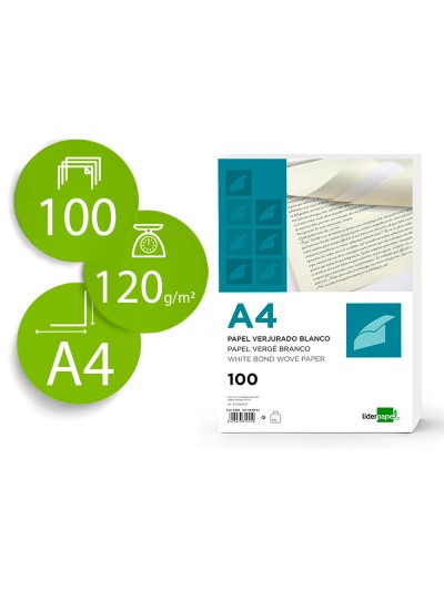Papel verjurado liderpapel a4 120g/m2 blanco paquete de 100 hojas