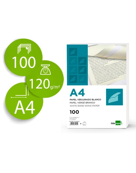 Papel verjurado liderpapel a4 120g/m2 blanco paquete de 100 hojas