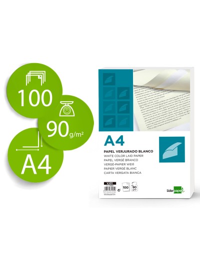 Papel verjurado liderpapel a4 90g/m2 blanco paquete de 100 hojas