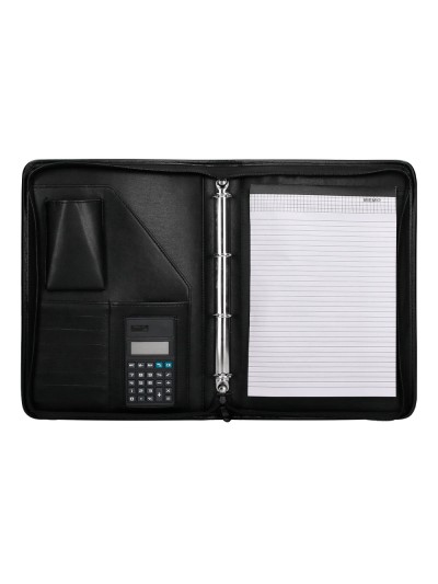 Carpeta portafolios q-connect cremallera 4 anillas 20 mm concalculadora con bolsa para movil color negro 260x355 mm